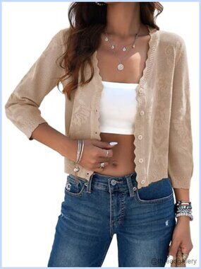 Lightweight 3/4 Sleeve Button Up Crochet Shrug Crop Cardigan Sweater